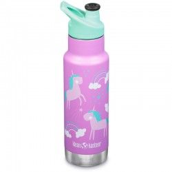 Gourde isotherme fille Klean Kanteen Kid Classic Insulated rose avec licornes et bouchon Sport