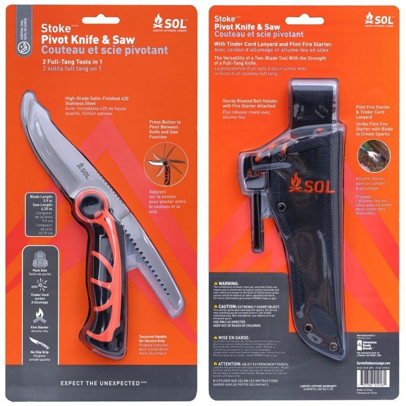Couteau avec scie et pierre à feu de survie SOL Stoke Pivot Knife & Saw