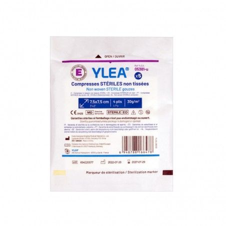 Compresses stériles non tissées YLEA 7,5 x 7,5 cm en sachet et lot de 5 Compresses stériles non tissées YLEA 7,5 x 7,5 cm en sachet et lot de 5